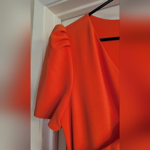 Express Orange Wrap Midi Dress Puff Sleeve V-Neck Size Medium - Picture 2 of 6